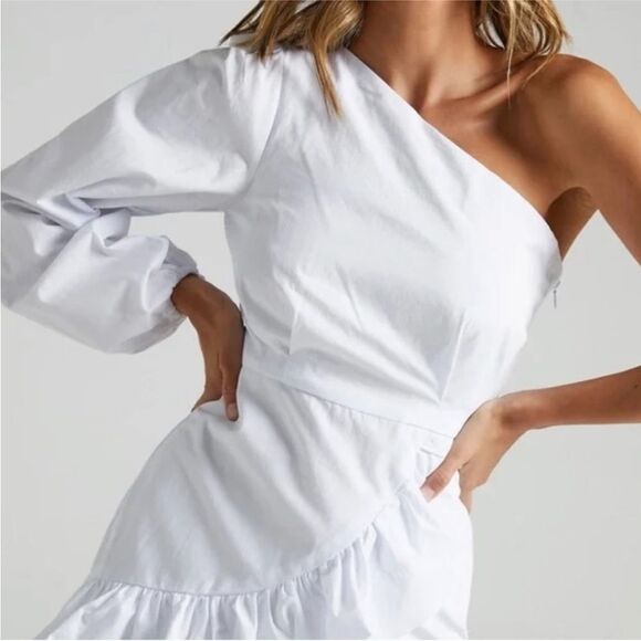 Revolve Showpo. UDELE One Shoulder Ruffle Cotton Mini DRESS in White - Picture 2 of 9